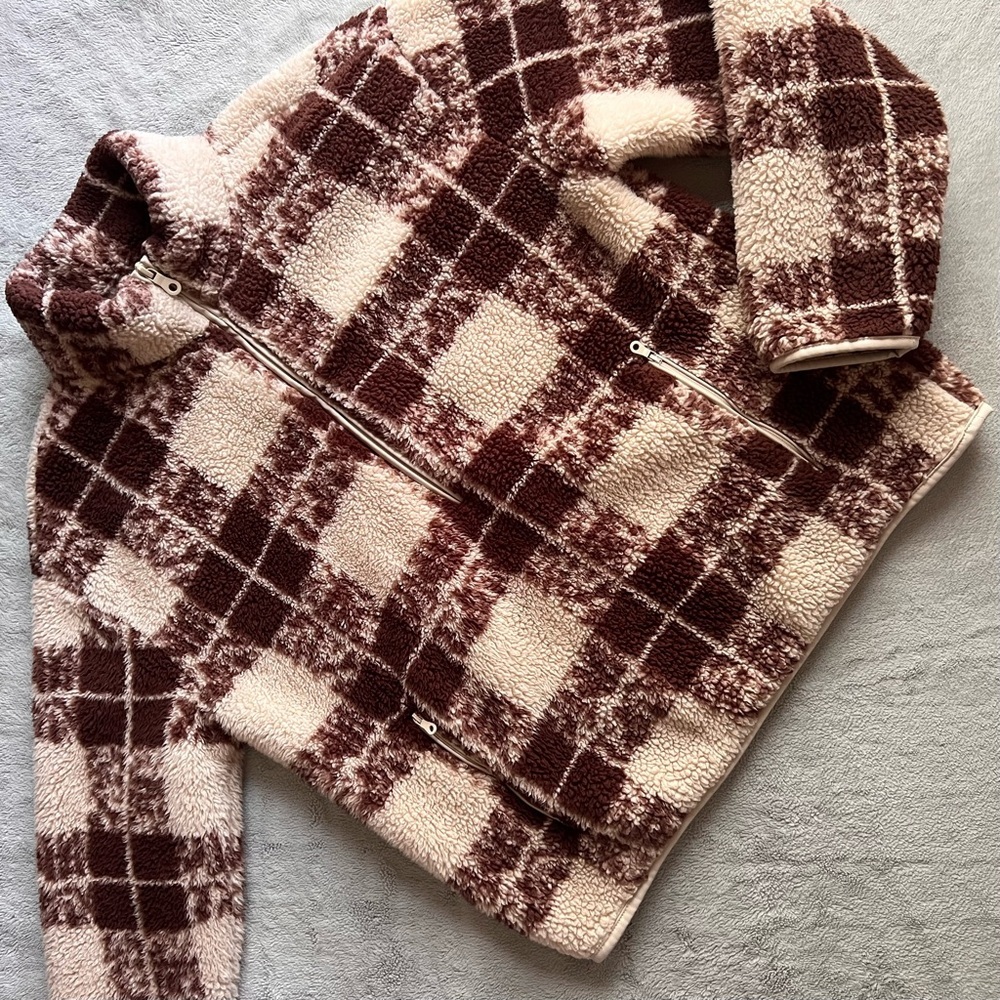 Aerie Offline Fluffy Sherpa Quarter Zip Sweatshirt Canyon Sun Neutral Plaid